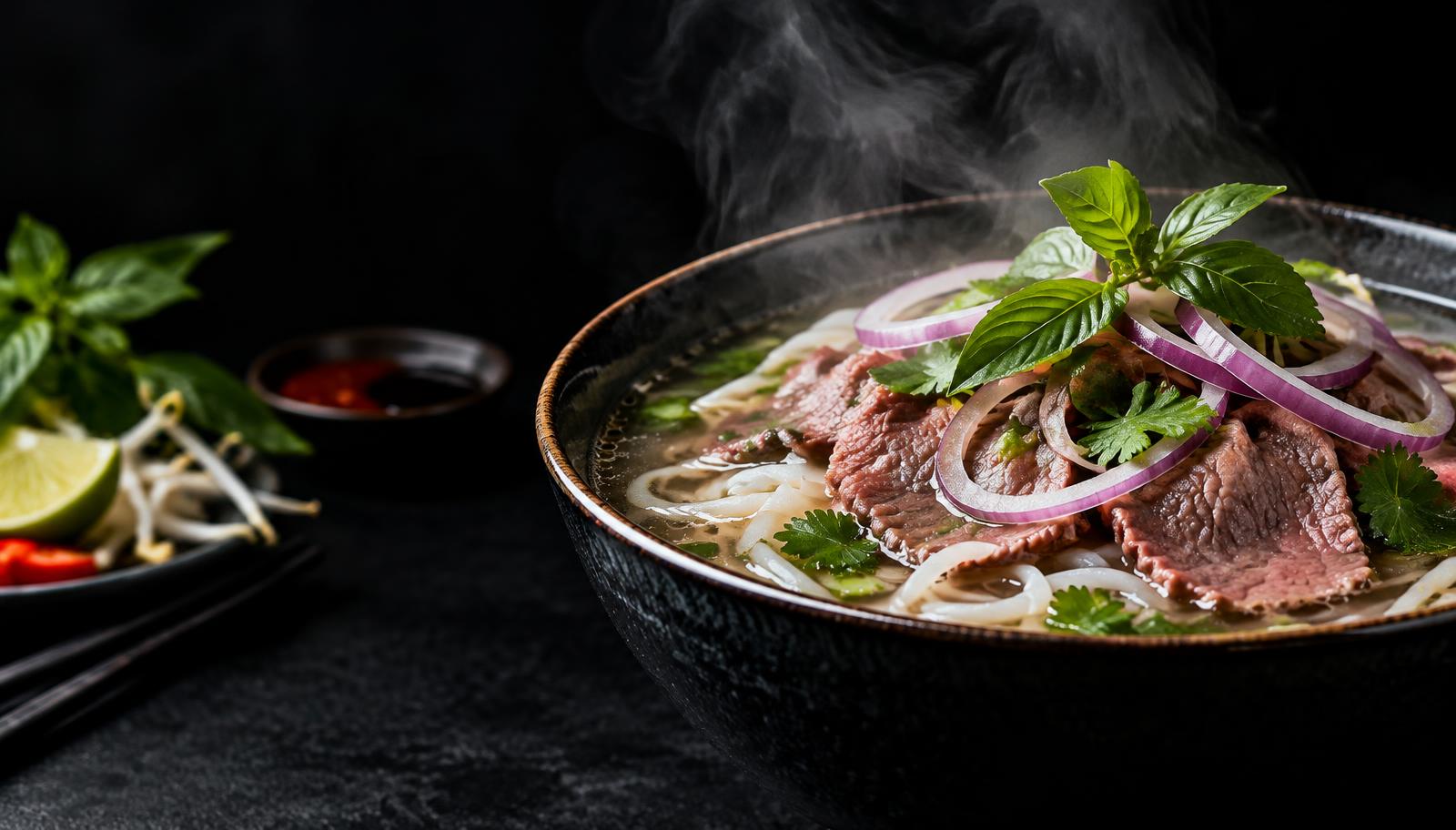 Steaming bowl of beef pho